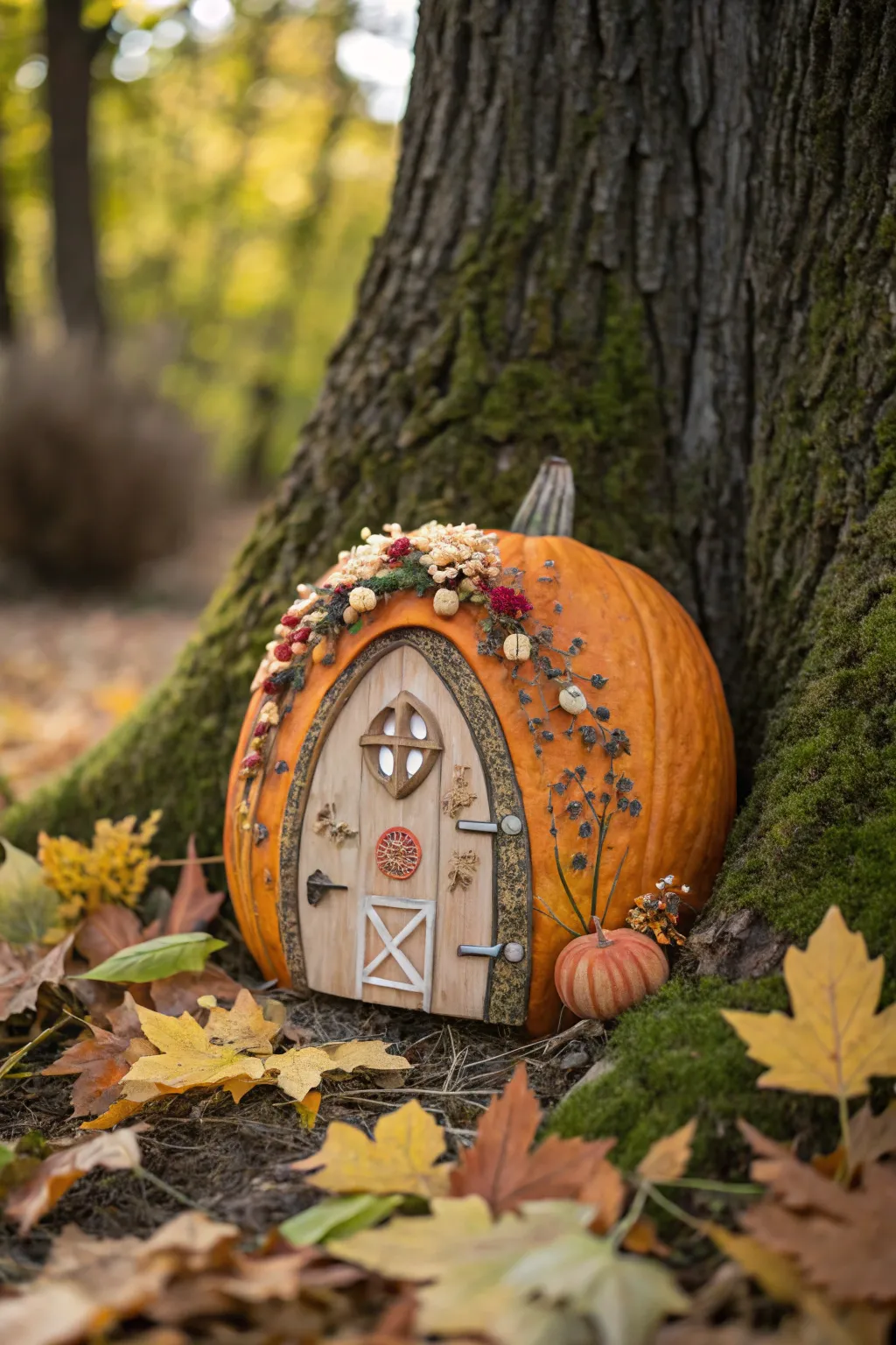 Enchant your garden this fall with a whimsical pumpkin fairy door, where magic meets nature.