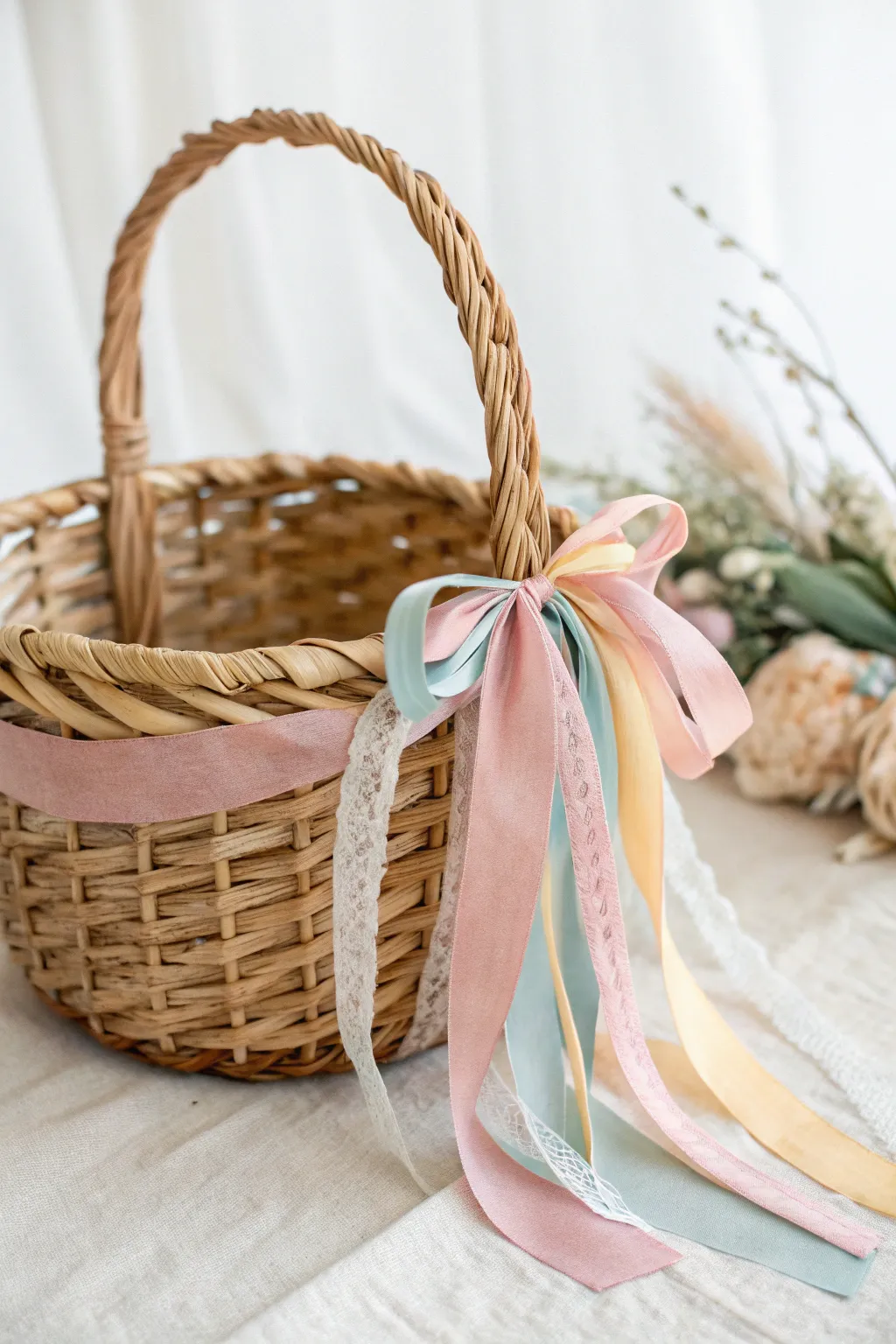 Embrace the charm of simplicity with this beautifully crafted ribbon and twine basket, perfect for a touch of elegance this May Day.