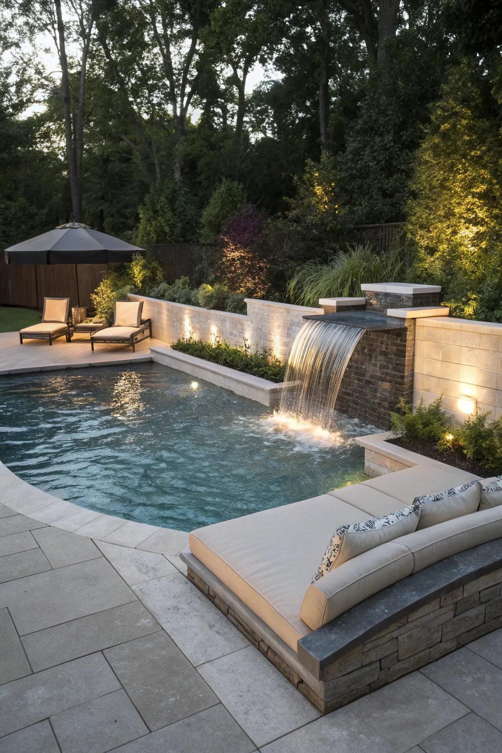 Transform your backyard into a serene oasis with integrated seating and waterfall features. Dive into style and functionality!