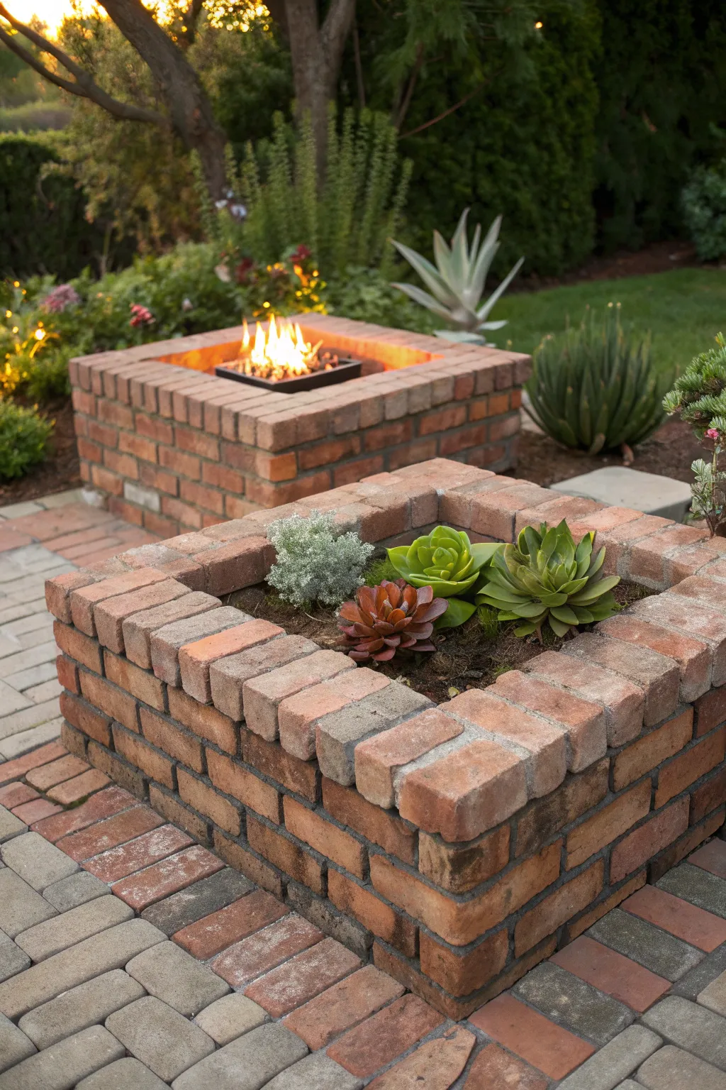 Elevate your backyard with a rustic square fire pit, perfectly complemented by succulent-filled planters at each corner.
