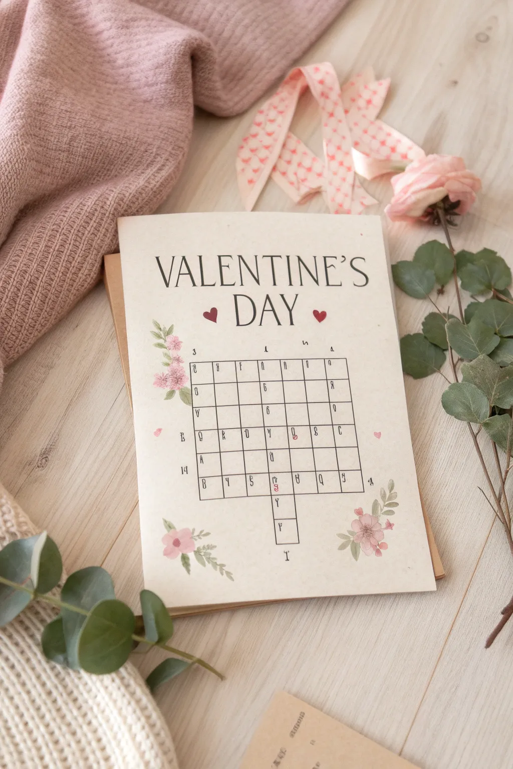 Craft a heartfelt connection with a romantic crossword puzzle card, blending minimalist charm with personal touches.