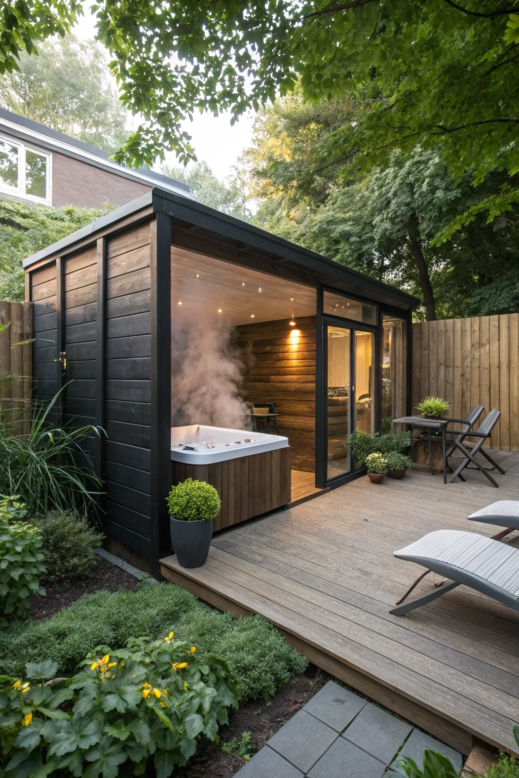 Discover the charm of compact simplicity with this modern lean-to hot tub shed — the perfect blend of practicality and style.