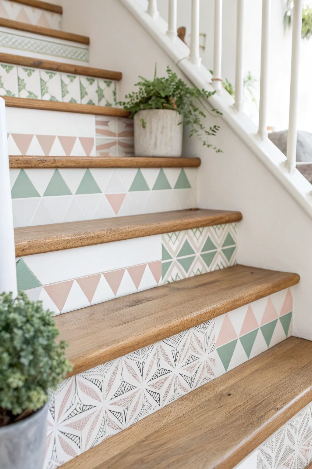 Elevate your staircase with the subtle elegance of geometric tile risers, blending Scandinavian minimalism with boho flair.