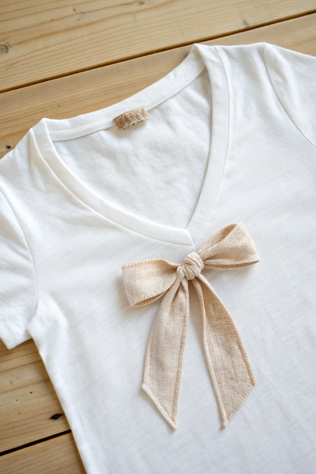 Transform your tee into a chic statement with a simple V-cut and a charming bow. #DIYFashion #ScandiBoho