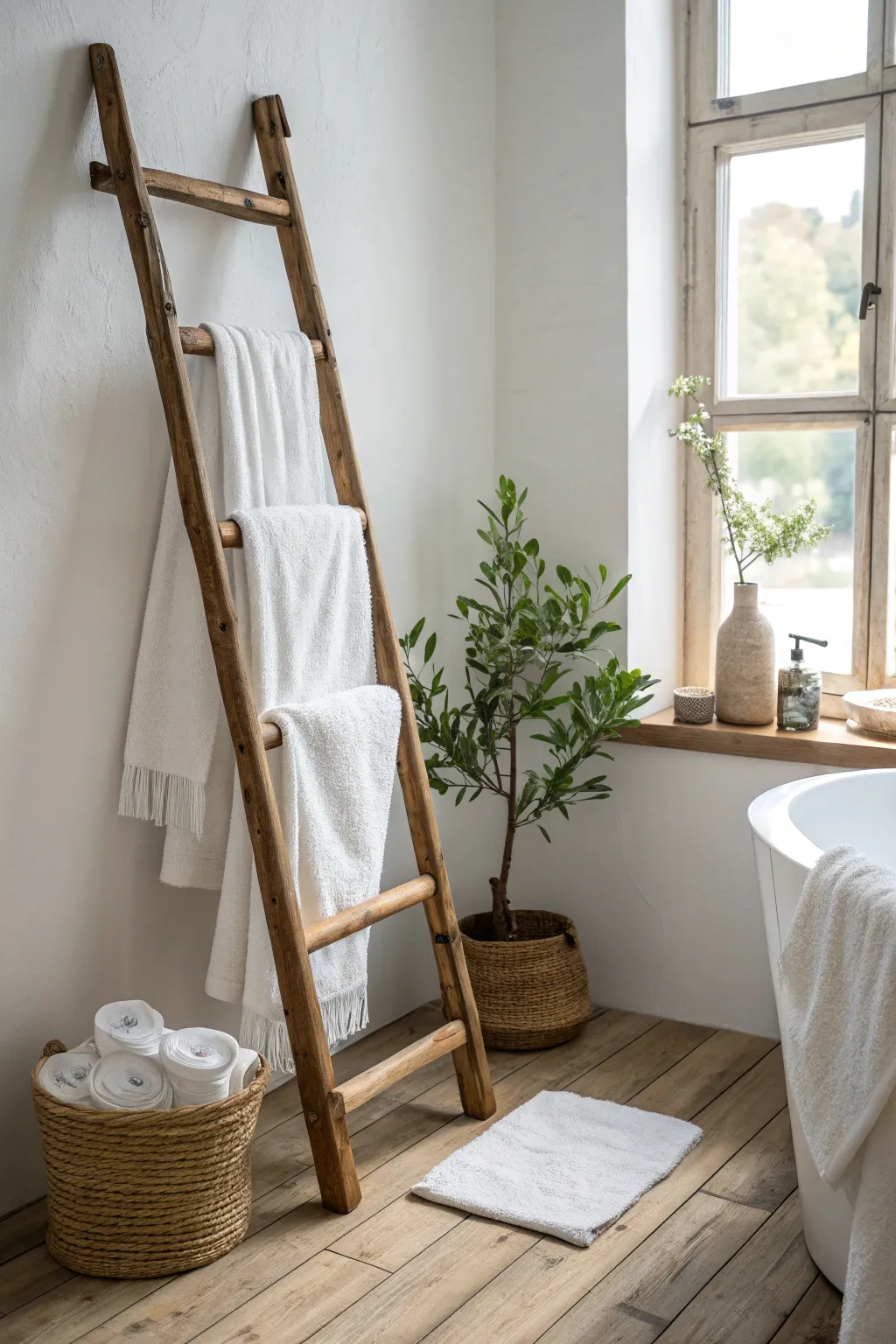 Transform your bathroom into a spa sanctuary with a simple ladder towel display.