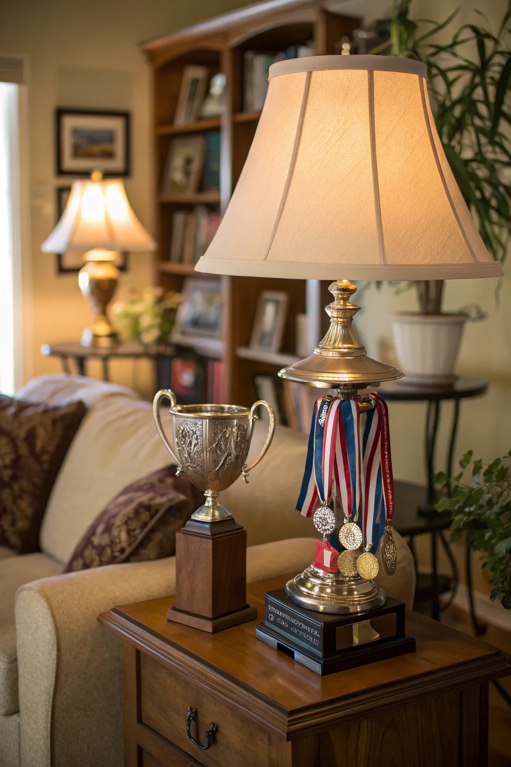 A trophy creatively integrated into furniture design.