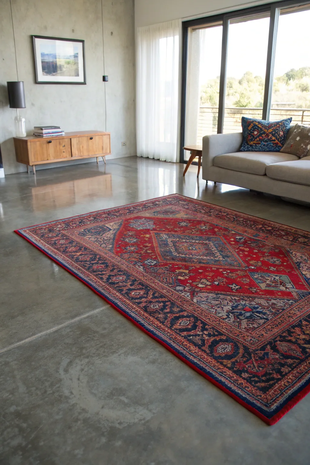 Transform your concrete floors with a vibrant rug for a warm, dynamic look.