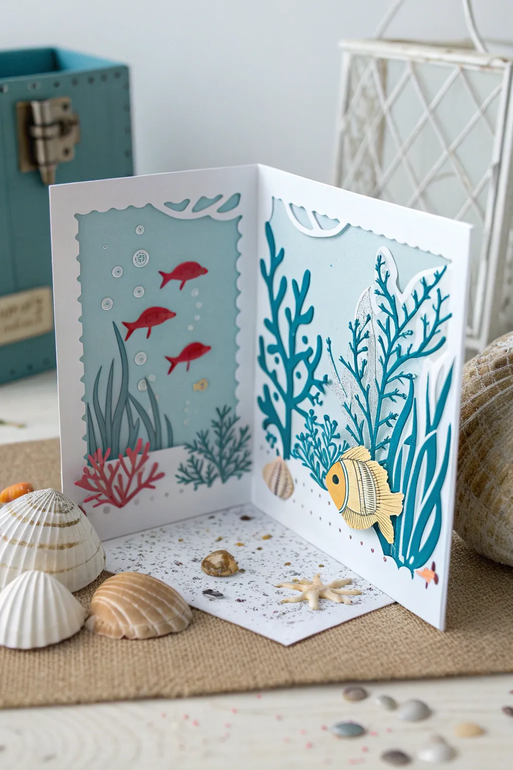 Explore the serene beauty of the ocean with this stunning pop-up card, where minimalist design meets underwater adventure.