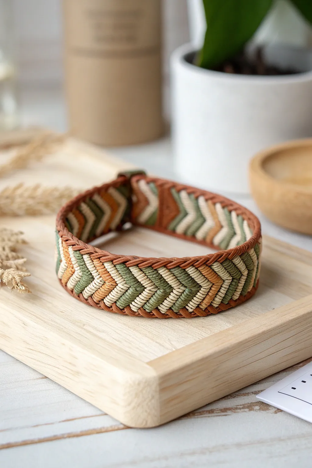 Elevate your style with a handcrafted chevron-patterned bracelet, where simplicity meets natural beauty.