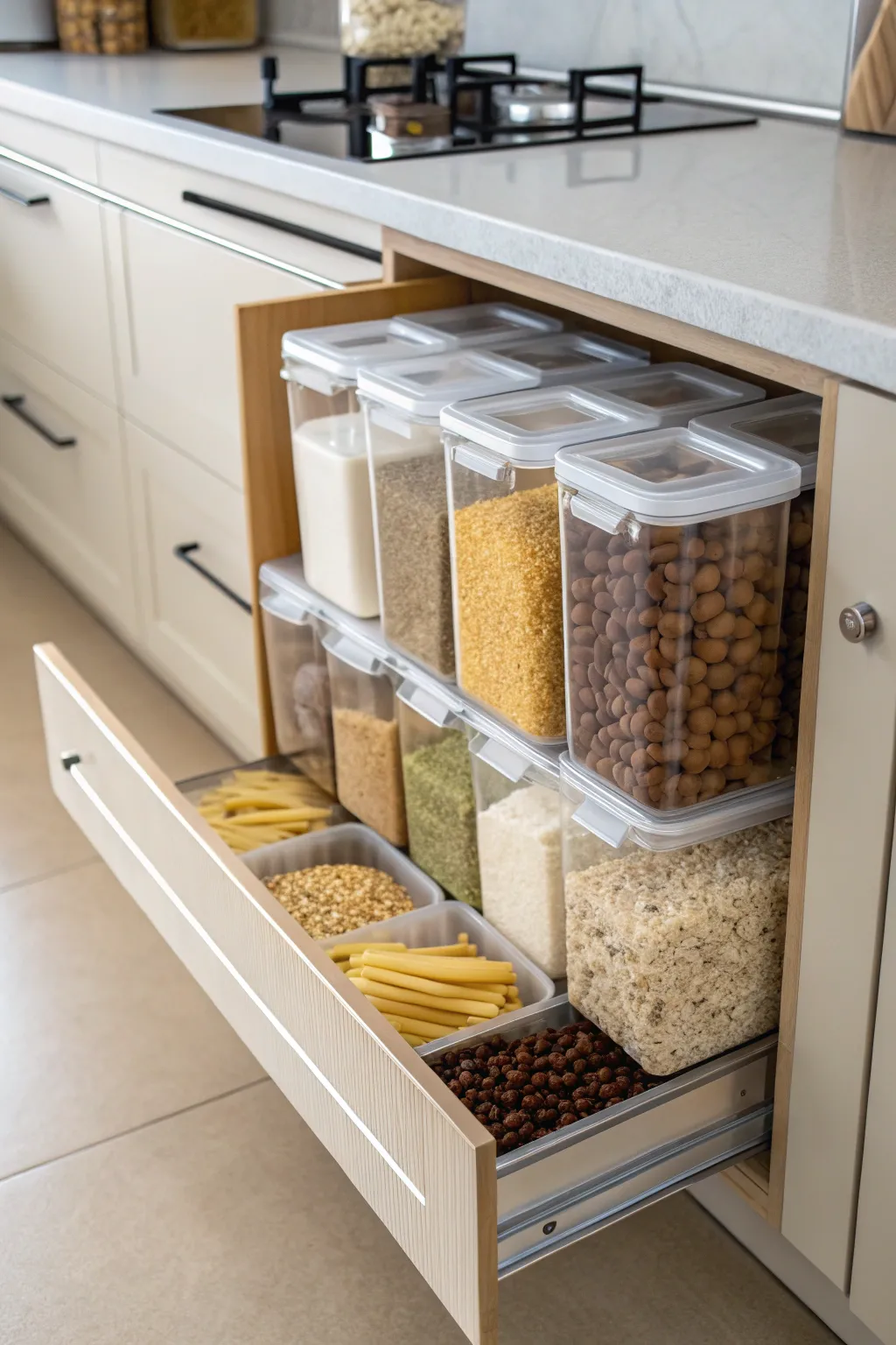 Clear containers allow for quick visibility and access.