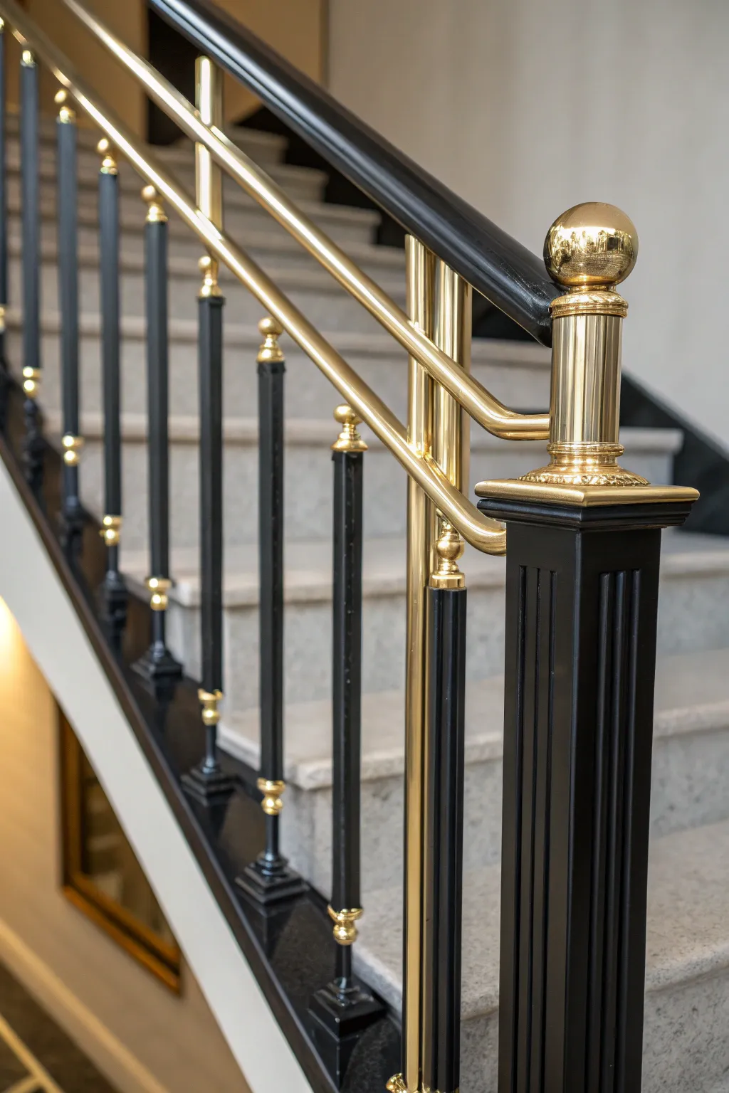 Elevate your staircase with striking metallic accents for a touch of sophistication.