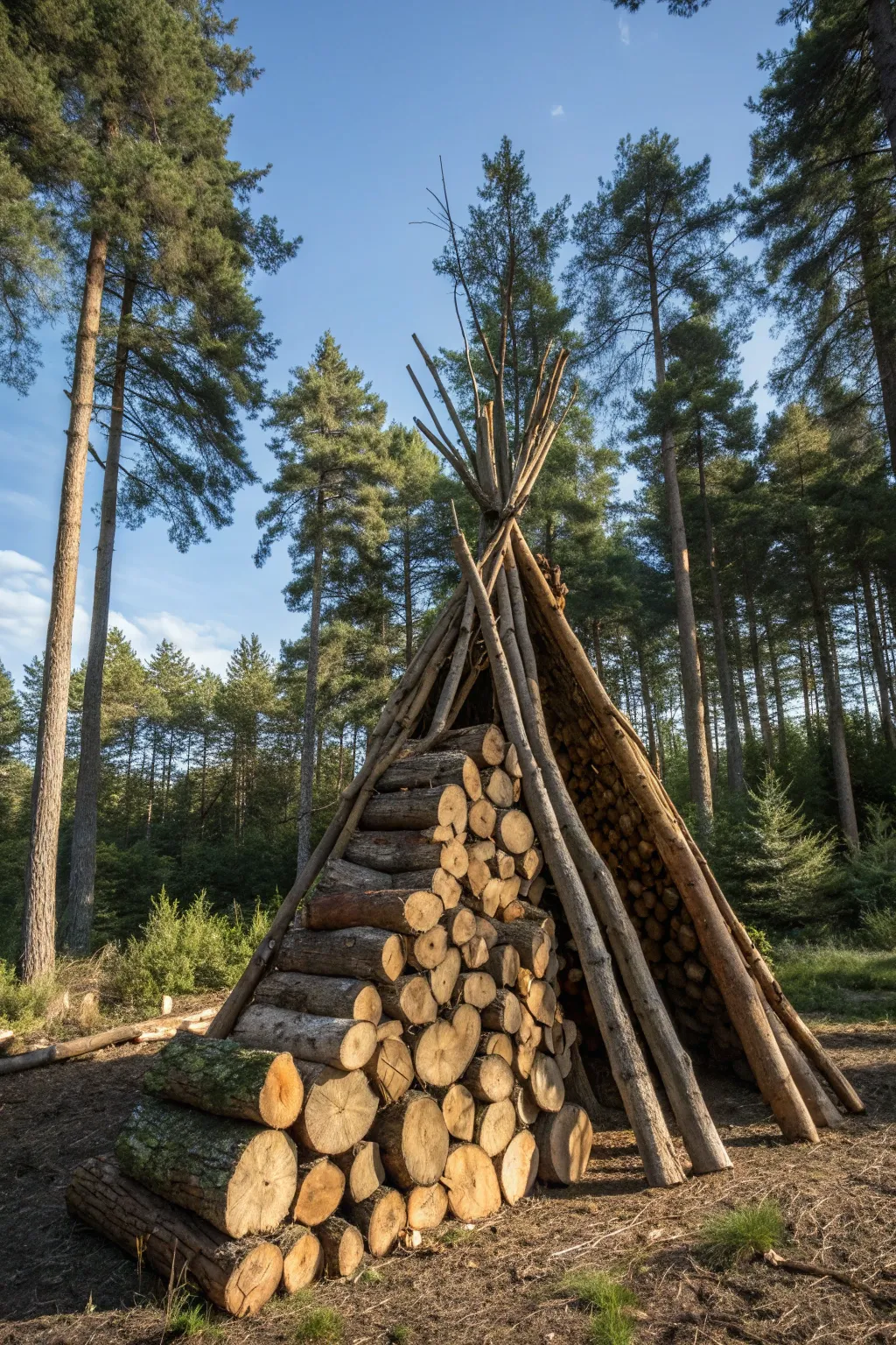 Master the art of stacking with this striking wooden wigwam design. Practicality meets style in the great outdoors.