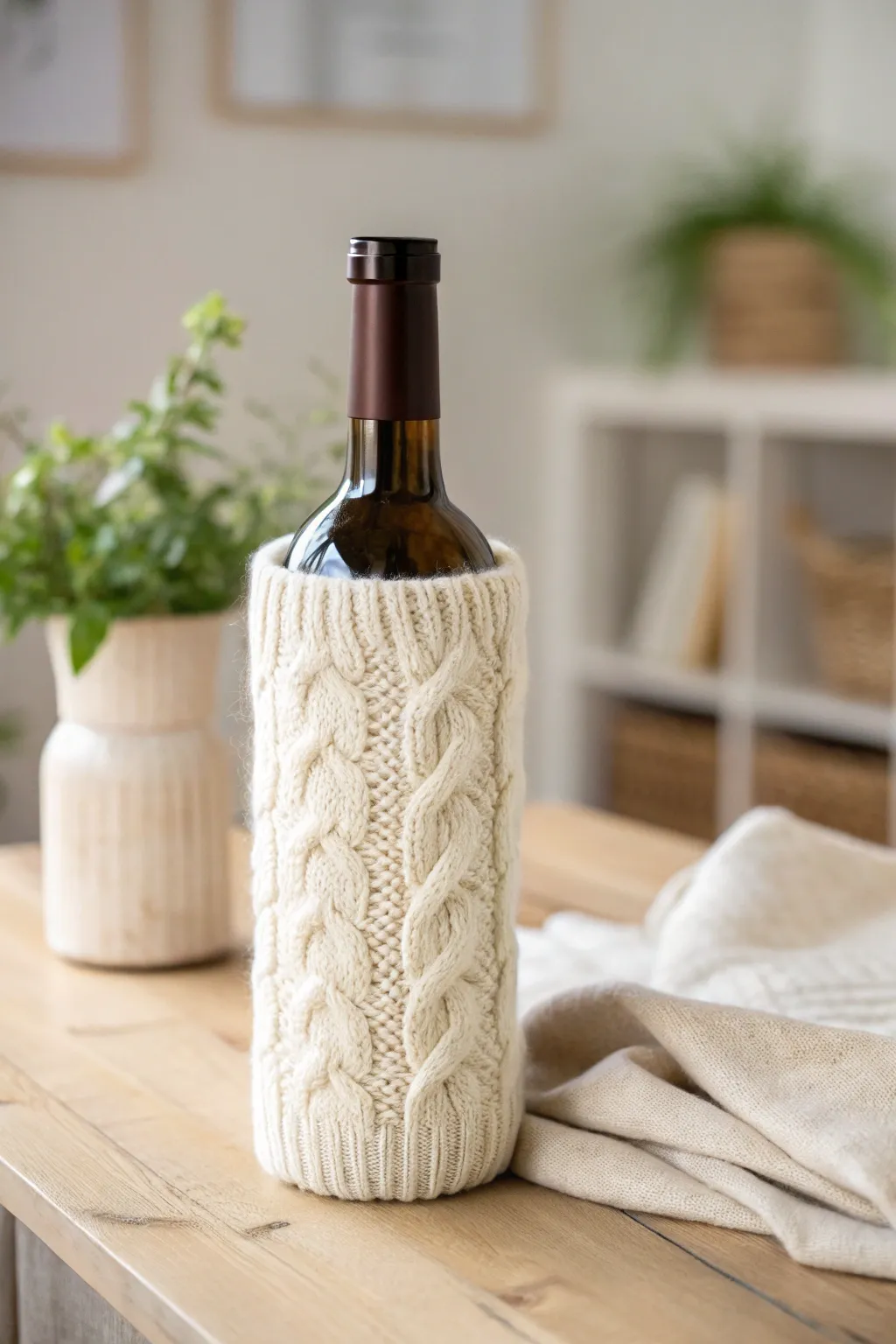 Chic and Cozy: Transform an old sweater sleeve into a stunning wine wrap.