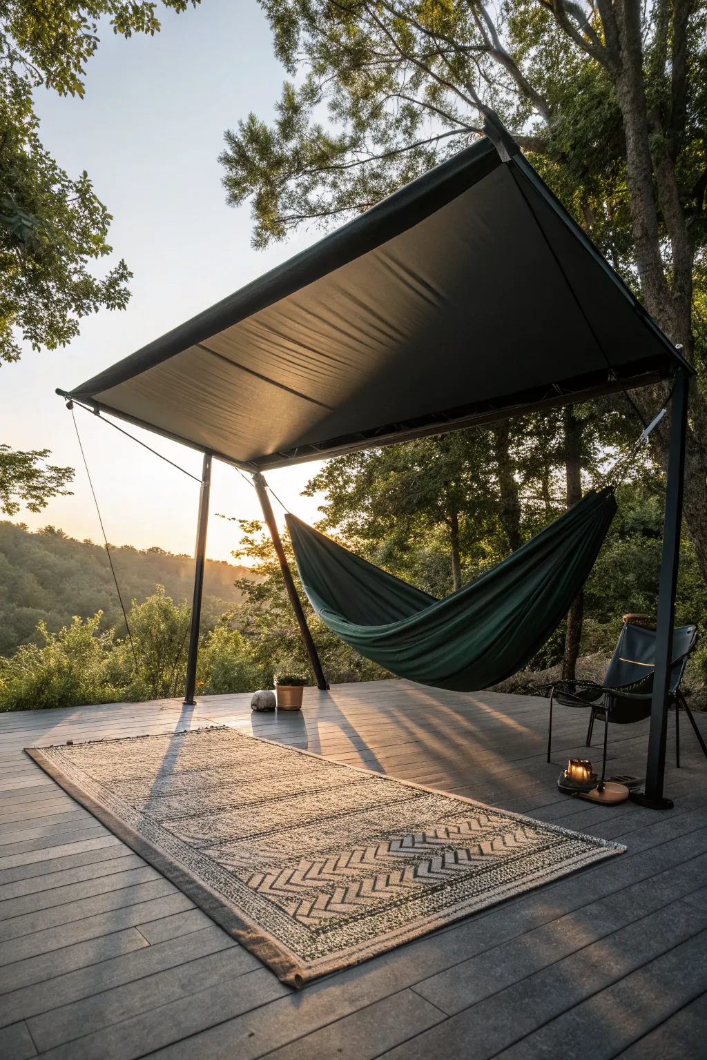 Elevate your outdoor living with a chic portable awning and a cozy hammock setup. Perfect for a stylish and relaxing retreat in nature.