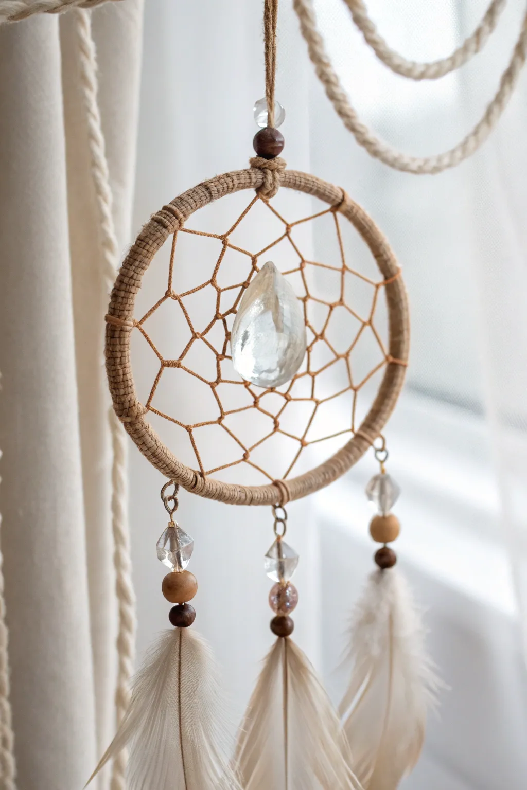 Embrace serenity with a crystal-adorned dream catcher, where minimalist design meets bohemian spirit.