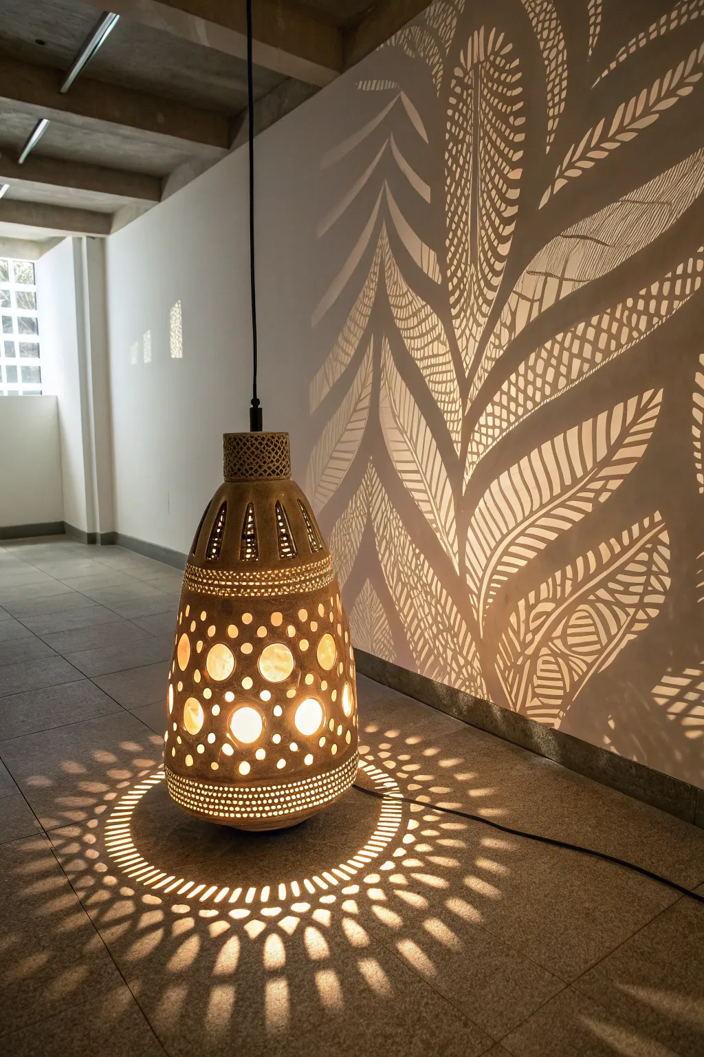 A creative light fixture crafted from excavator clay, casting unique shadows throughout the room.