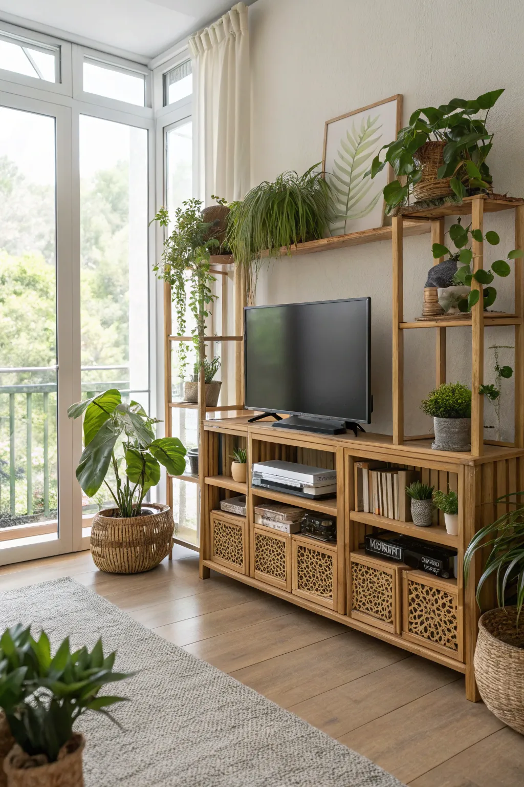 Bamboo shelving adds an eco-friendly touch under your TV.