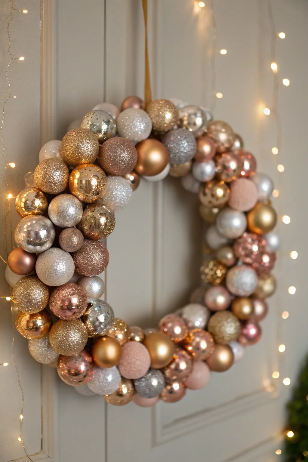 Elevate your holiday decor with this glamorous bauble wreath—where minimalist elegance meets festive sparkle.
