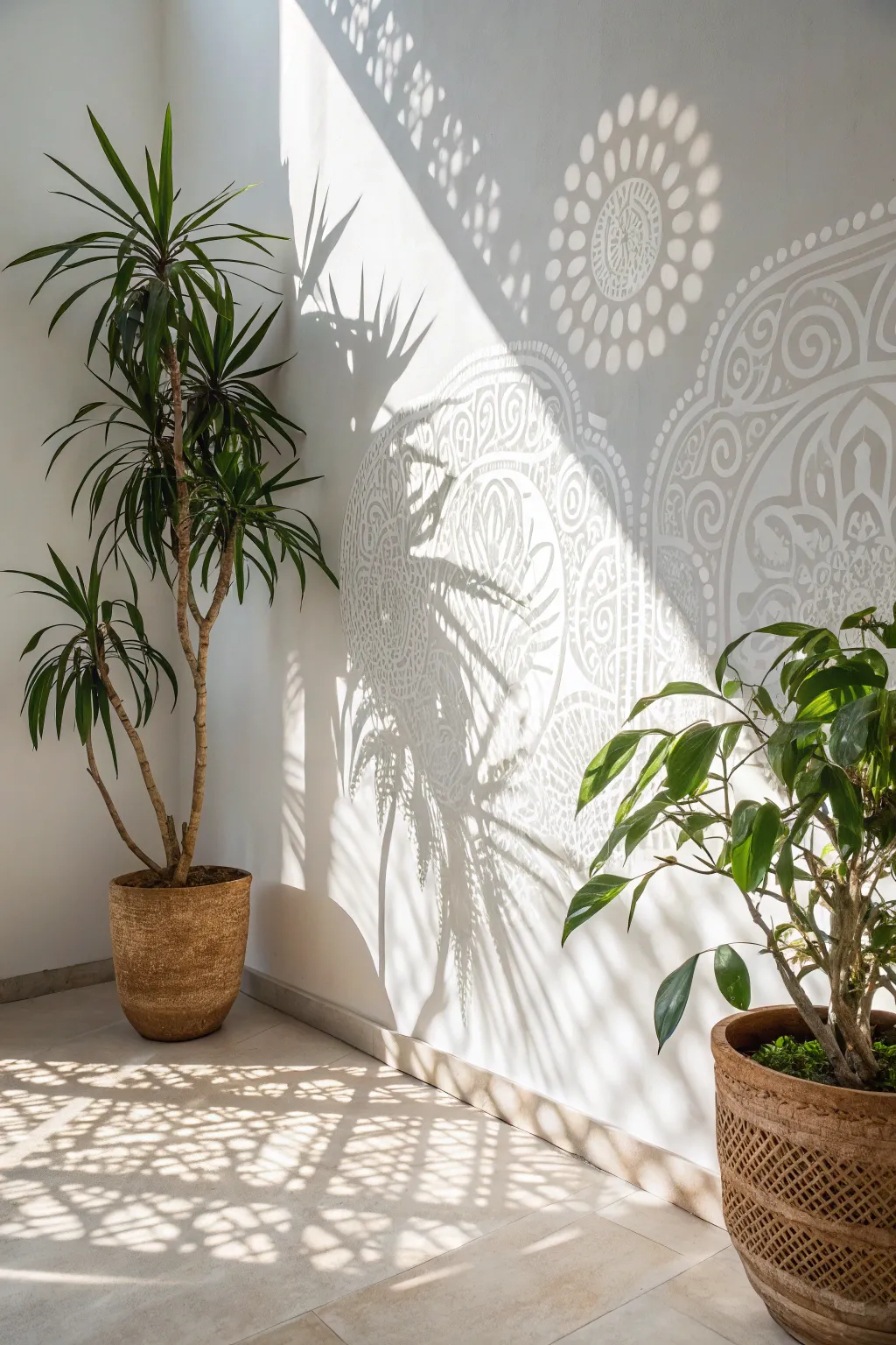 Embrace the Dance of Light: Playful plant shadows create a serene, artistic touch in your home.