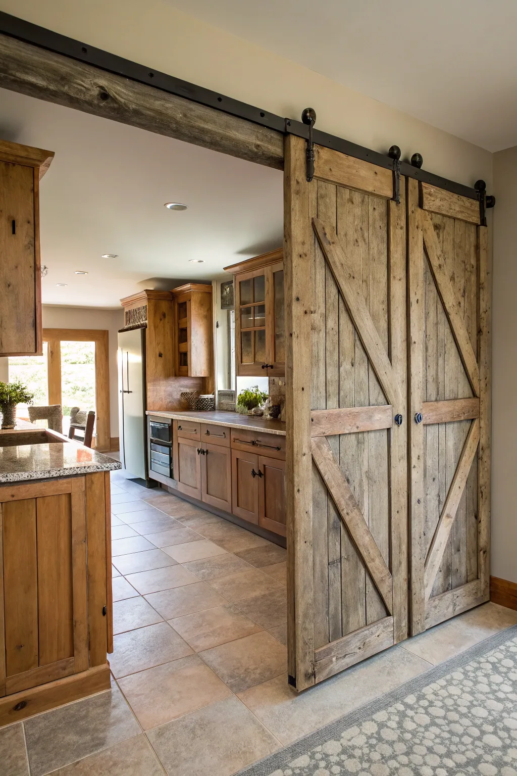 Sliding barn doors add rustic charm and functionality.