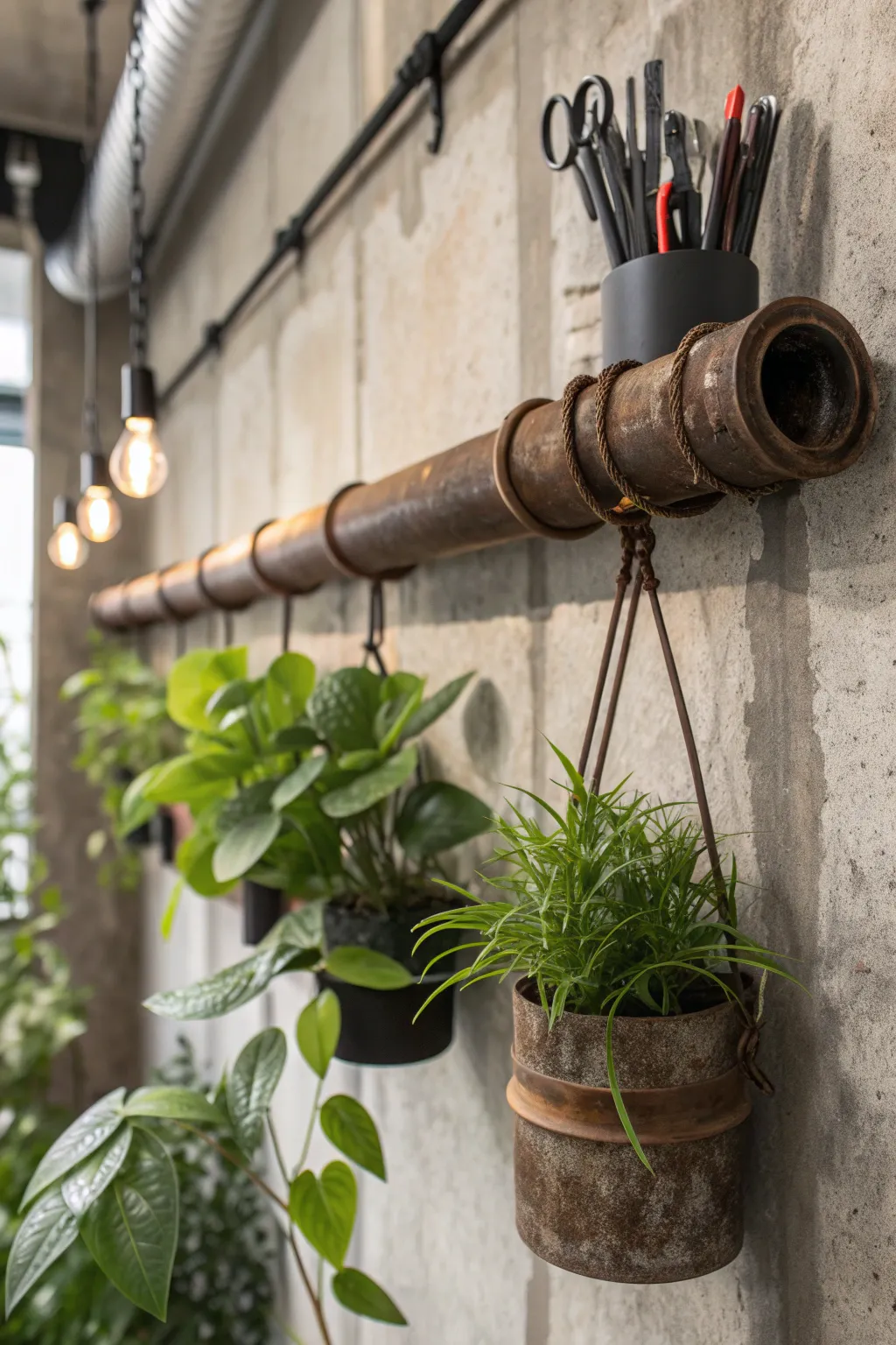 Transform your space with industrial charm and greenery—repurpose pipes for stylish storage.