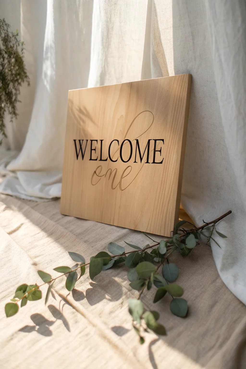 Add a warm touch to your entryway with a handcrafted 'Welcome' wood sign, blending minimalist charm with boho elegance.