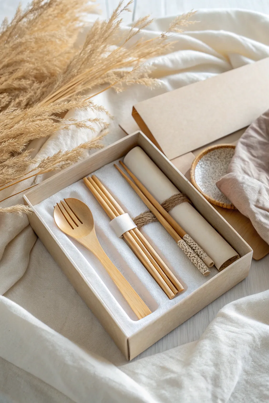 Embrace sustainability with elegance: a bamboo utensil set in a minimalist gift box.
