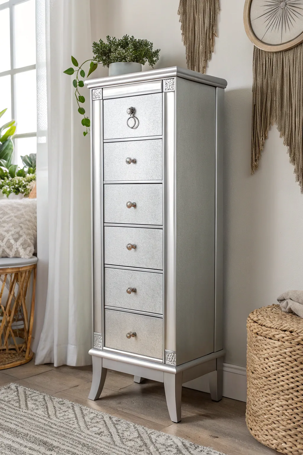 Transform your space with a touch of Metallic Magic ✨ Discover the elegance of a sleek silver finish for your jewelry armoire.