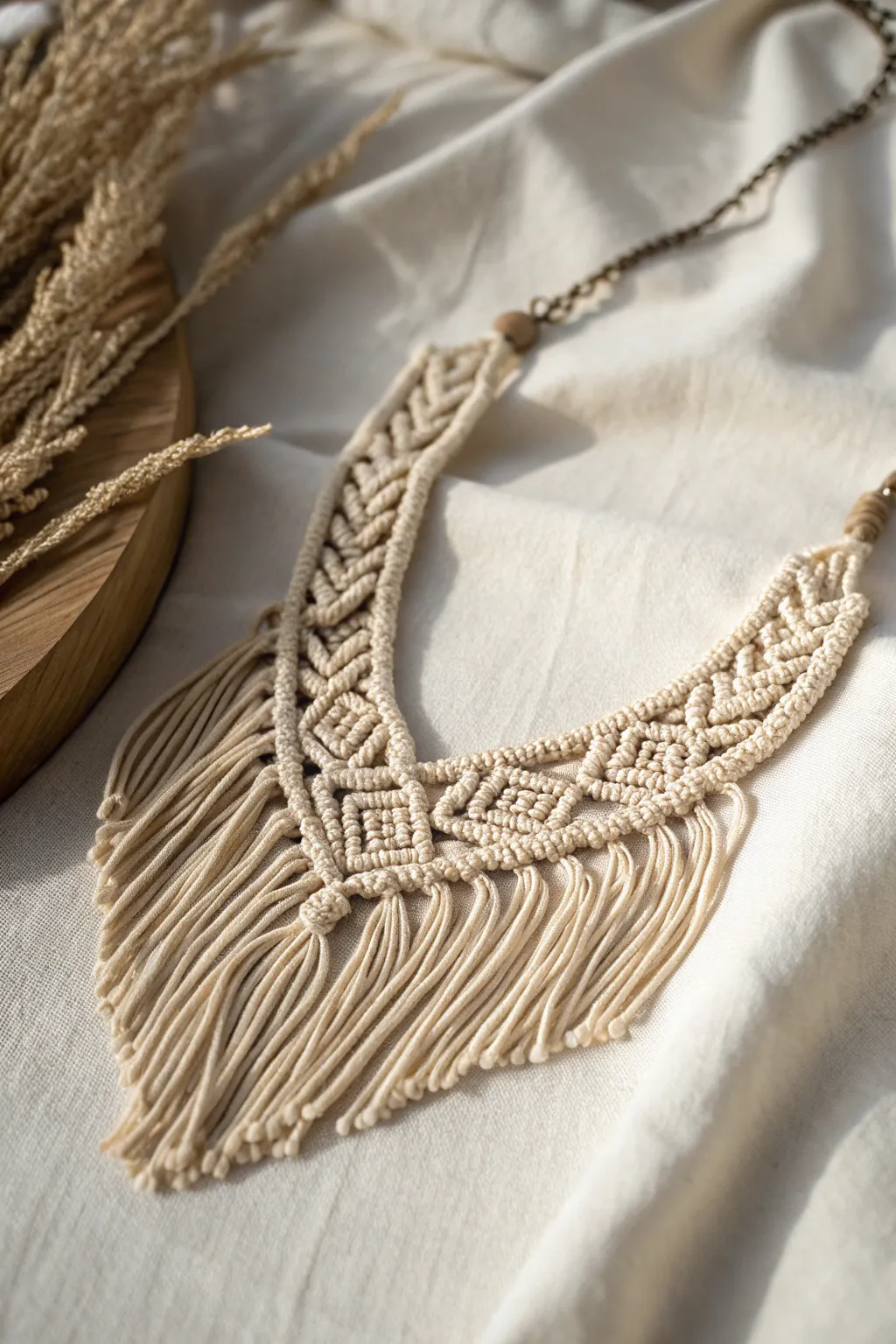 Embrace the art of macrame with this beautifully crafted necklace, where simplicity meets elegance.