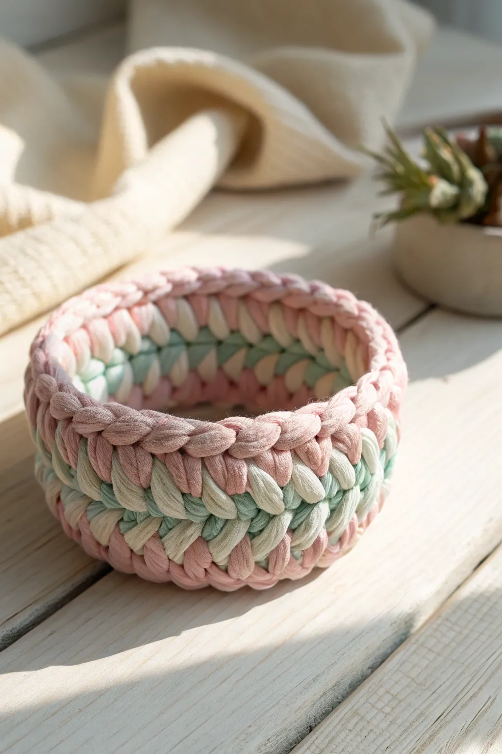 Elevate your style sustainably with these chic upcycled t-shirt yarn bangles, a perfect blend of eco-consciousness and elegance.