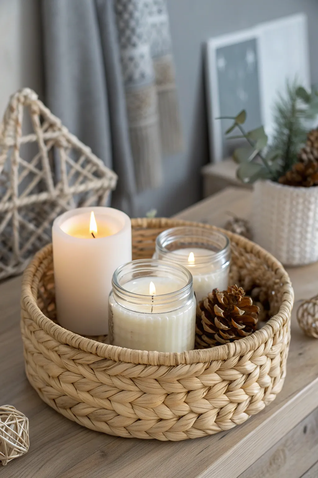 Illuminate your space with cozy elegance: A candlelit ambiance basket for serene winter nights.