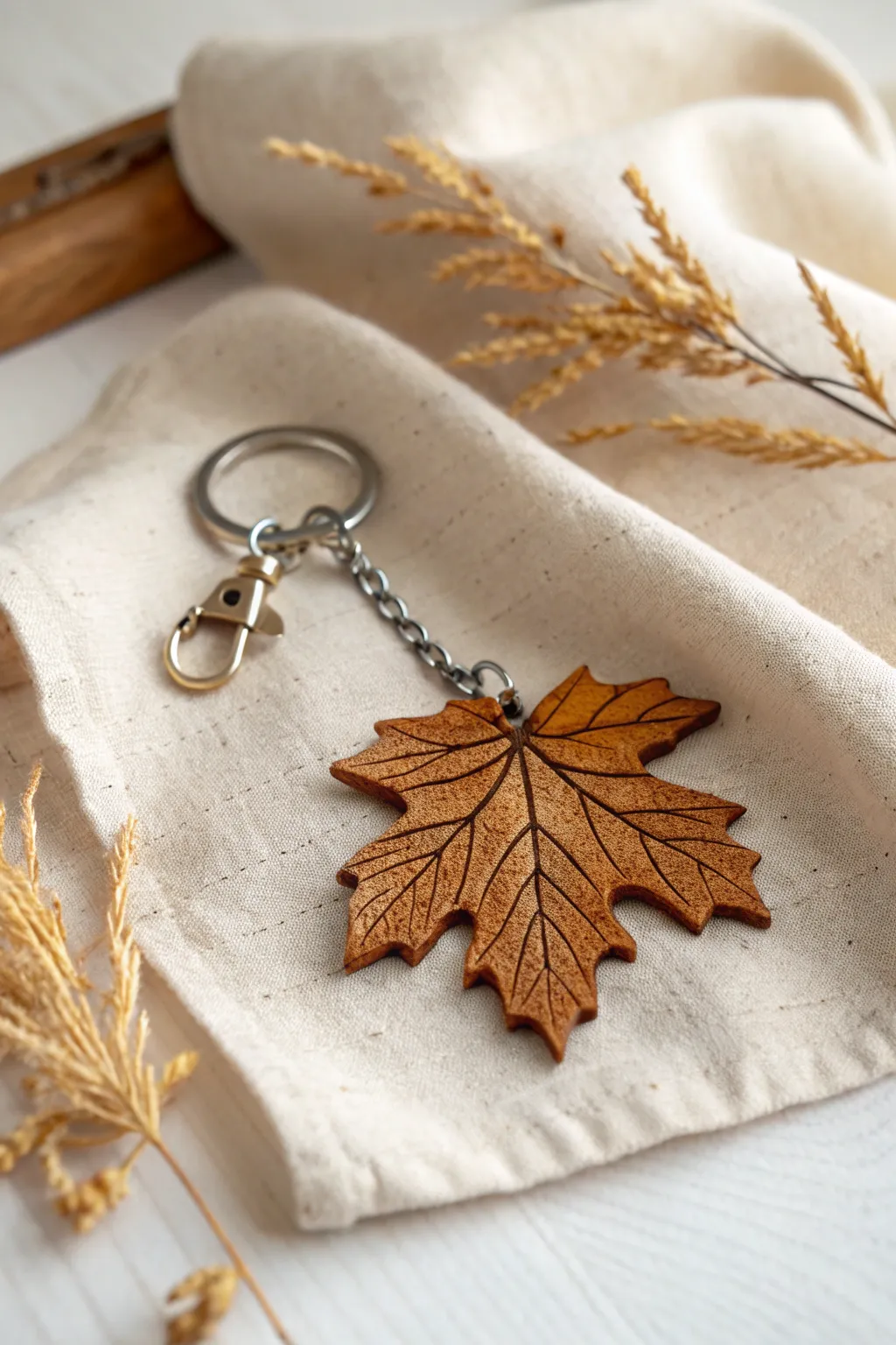 Capture the essence of autumn with this elegantly crafted leaf keychain – a perfect blend of simplicity and natural beauty.
