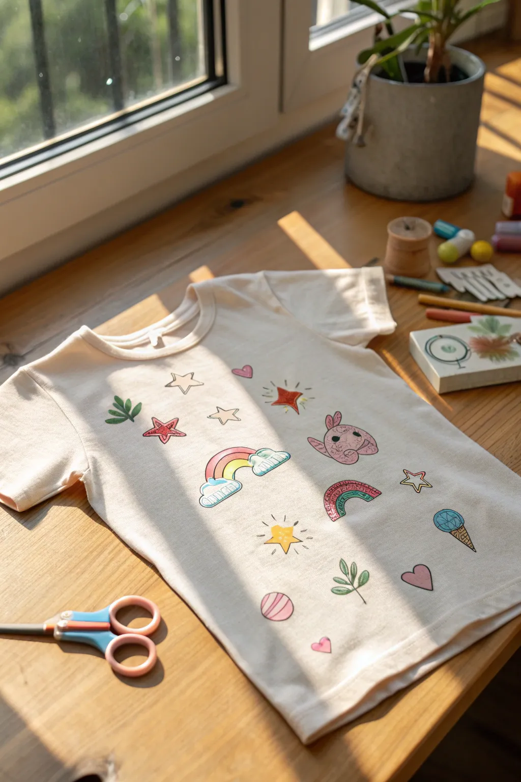 Transform your child's T-shirt into a whimsical canvas with sticker stories, celebrating creativity and simplicity. 🌟👕
