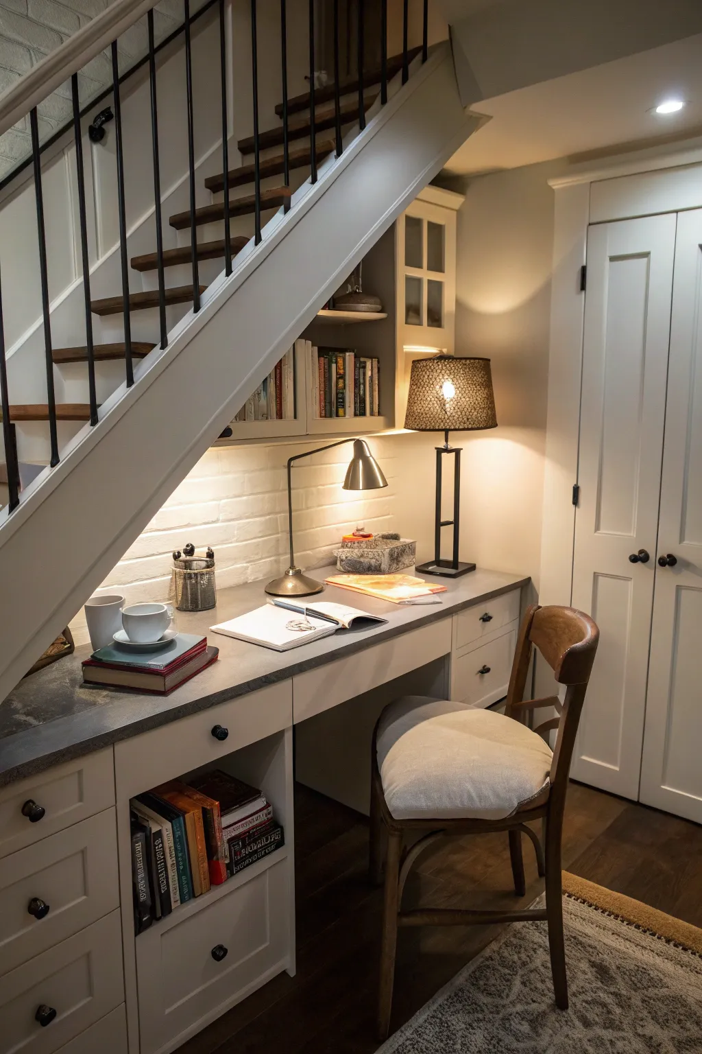 A clever use of space with a desk under the stairs.