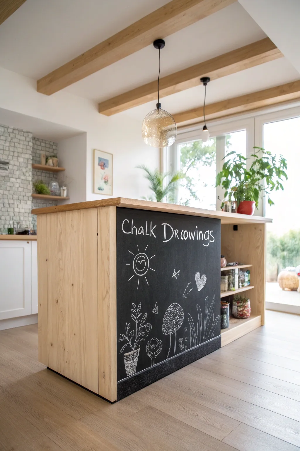Add a playful and practical twist to your kitchen island with chalkboard paint—perfect for notes and doodles in your minimalist haven.