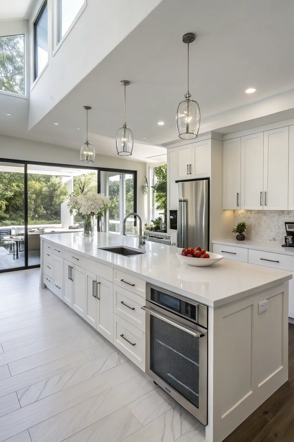 Stainless steel appliances complement the white countertops, adding a modern edge to the kitchen.
