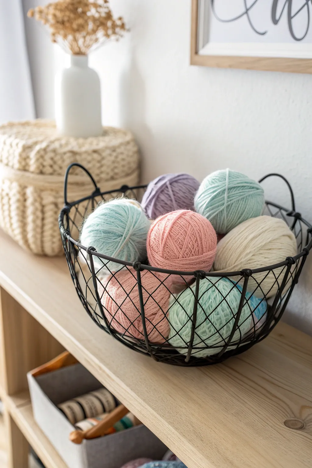 Elevate your knitting space with chic wire baskets for a touch of minimalist elegance.