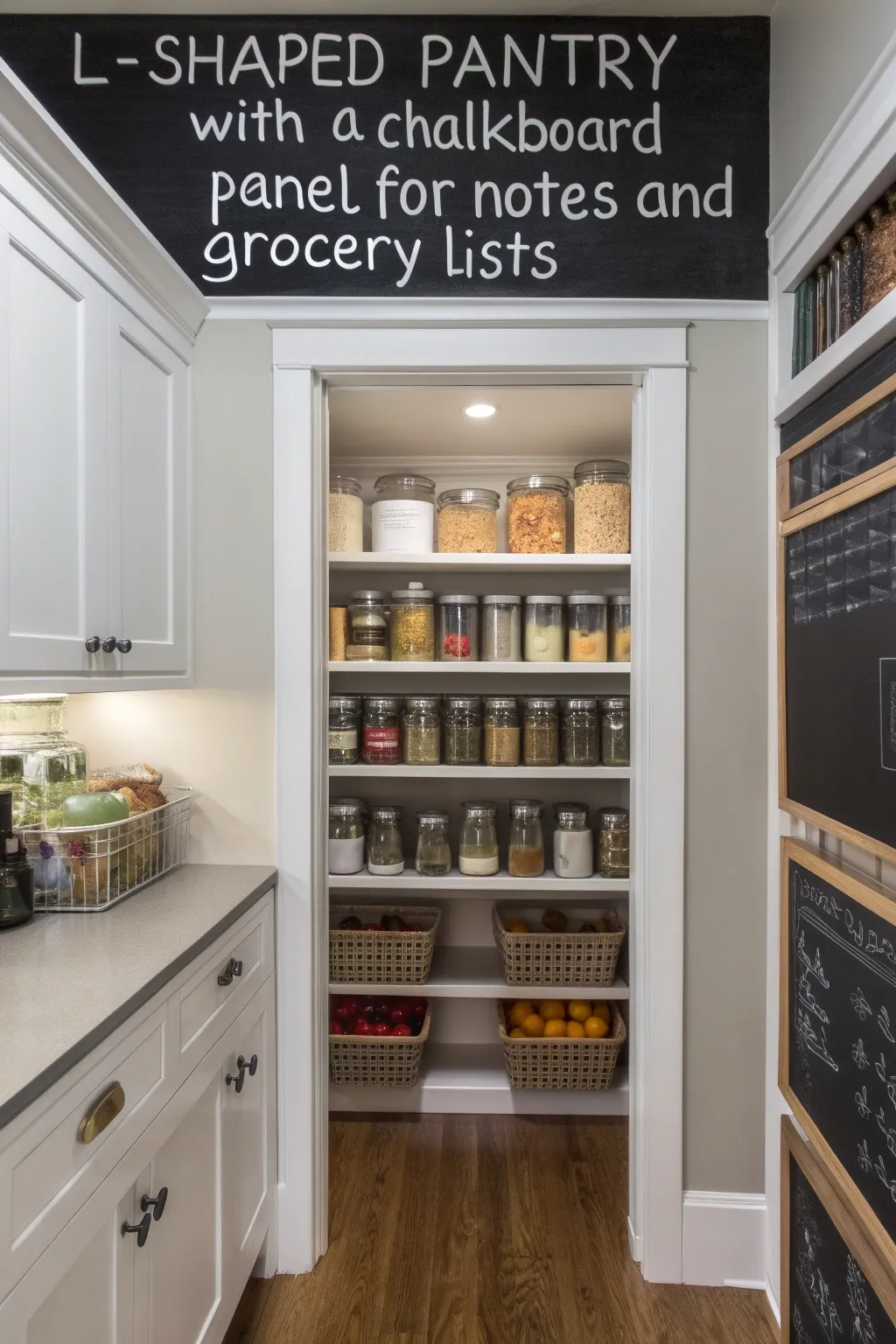 A chalkboard panel in the pantry adds functionality and a touch of creativity.