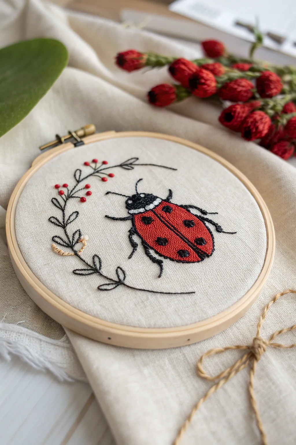 Add a touch of whimsy and craftsmanship to your space with this ladybug embroidery hoop art—where simplicity meets elegance.