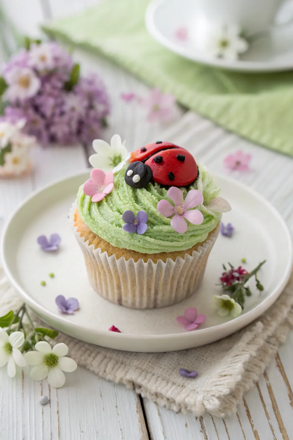 Whimsical Garden Delight: A ladybug cupcake adorned with edible blooms brings a touch of nature to your table.