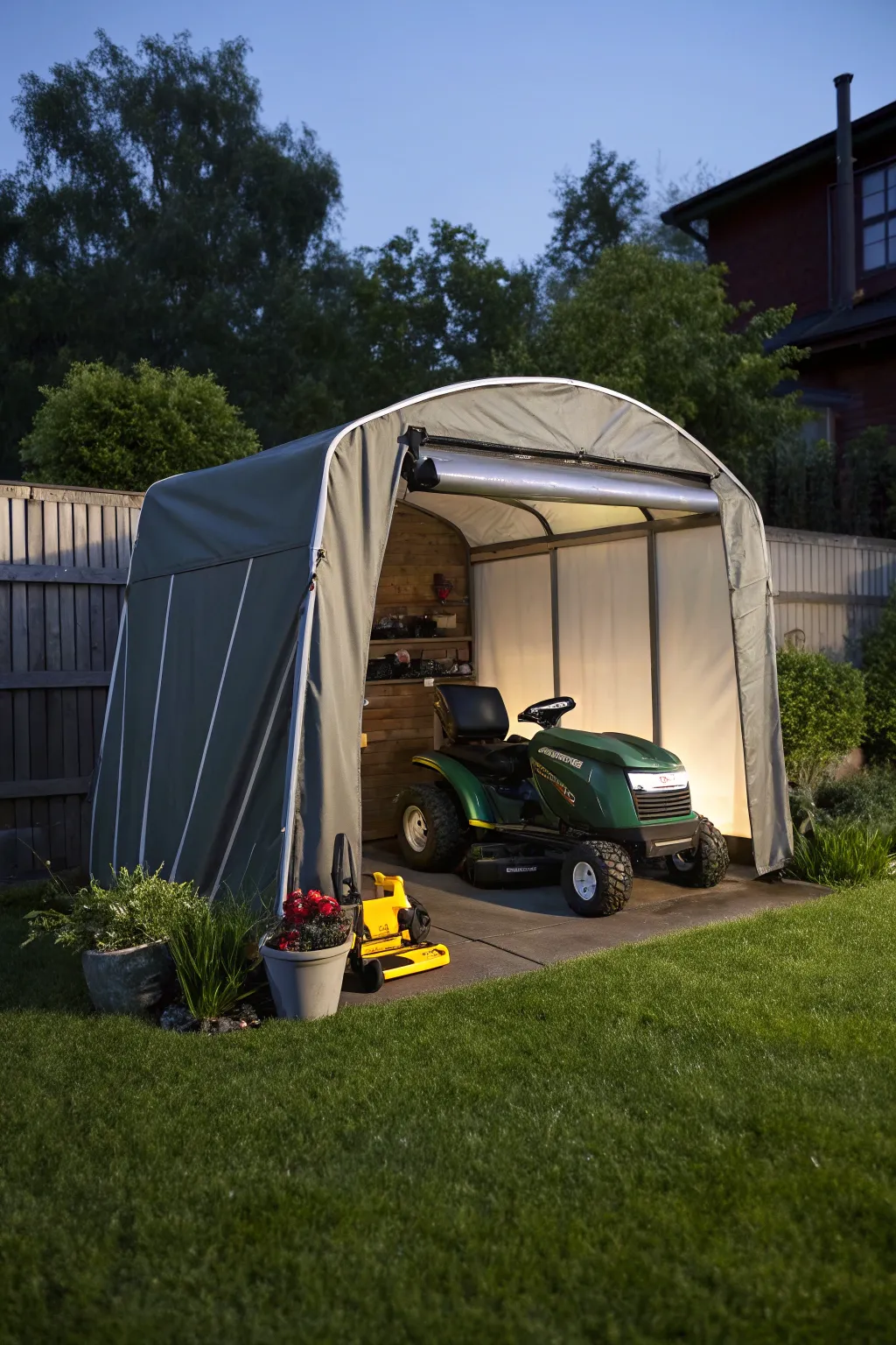 A retractable shelter providing convenient protection for lawn mowers.