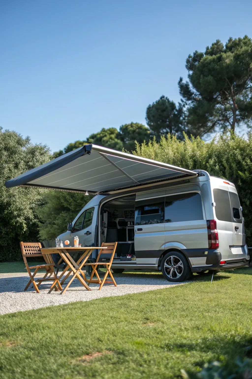Transform your minivan into the ultimate outdoor retreat with a stylish awning—perfect for dining and relaxation, rain or shine.