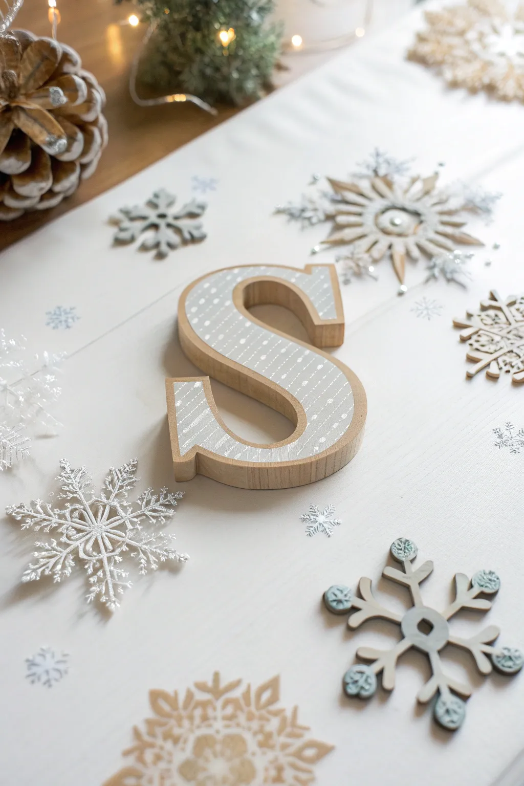 Transform your space with the elegance of a snowflake-embellished letter S, perfect for a cozy winter vibe.