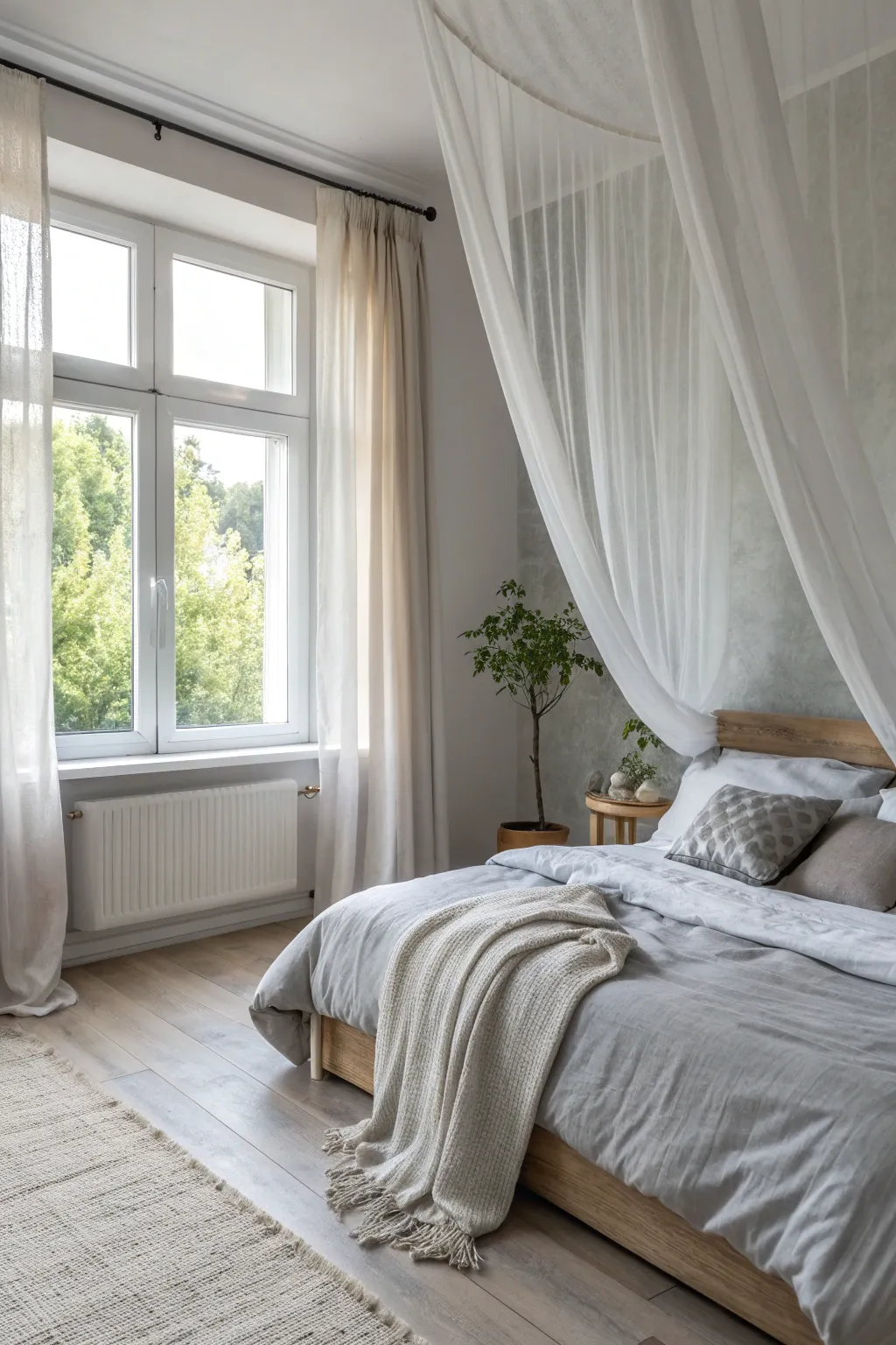 Sheer curtains allow natural light to enhance the elegance of a gray bedroom. 🌞 #NaturalLight #CurtainStyle #BedroomBliss