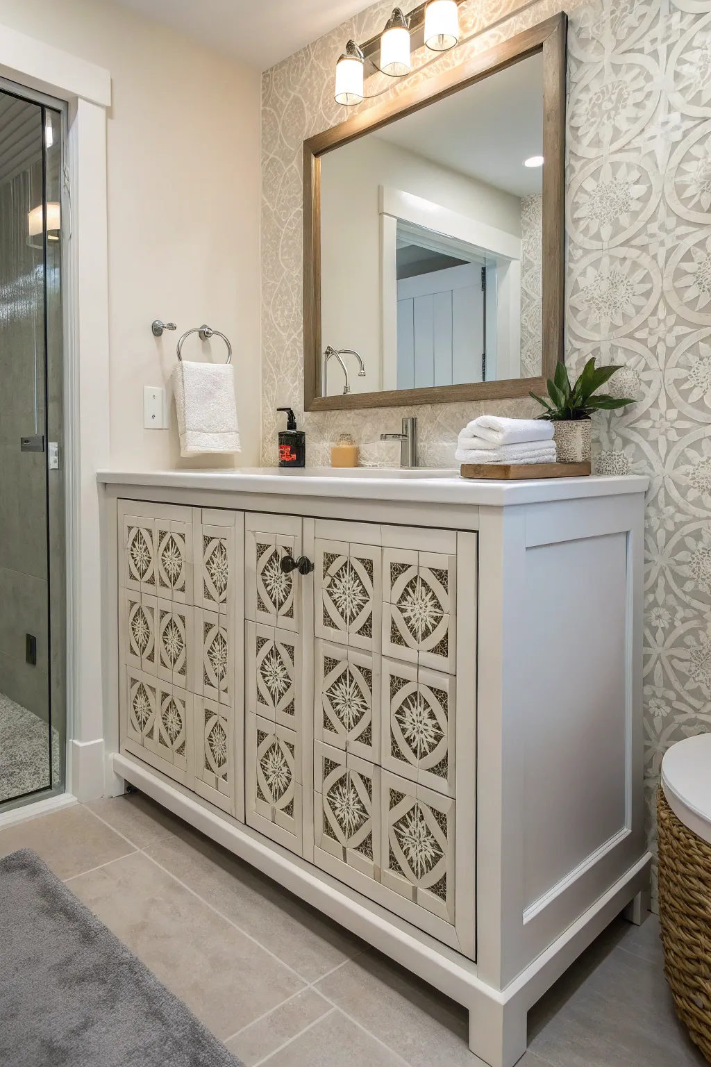 Decorative paneling elegantly conceals the litter box space.
