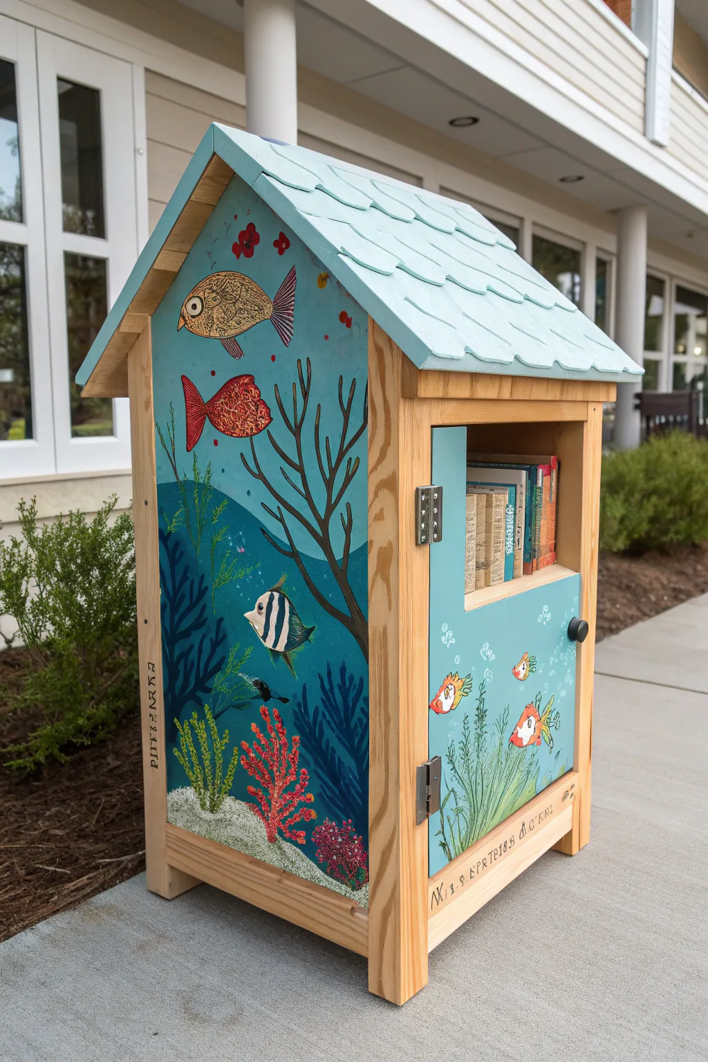 Dive into a sea of stories with this beautifully crafted ocean-themed little free library. Perfect for sparking young imaginations!