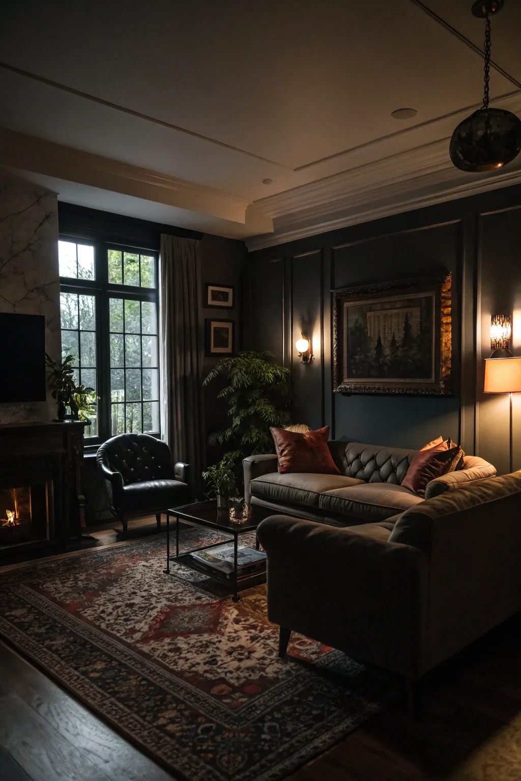 Moody lighting transforms your living room into an intimate and sophisticated space.
