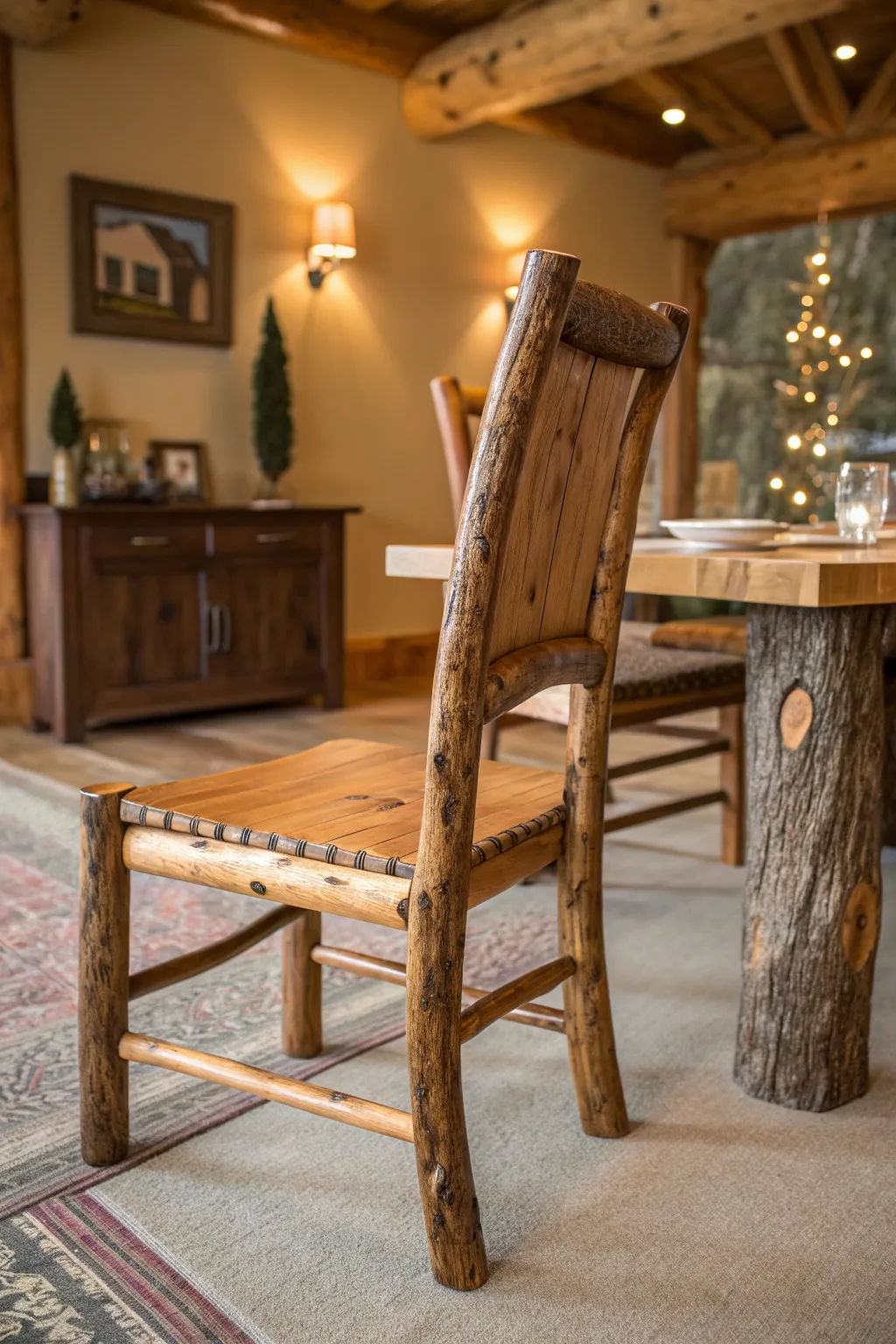 Elevate your dining experience with the rustic charm of a handcrafted log chair.