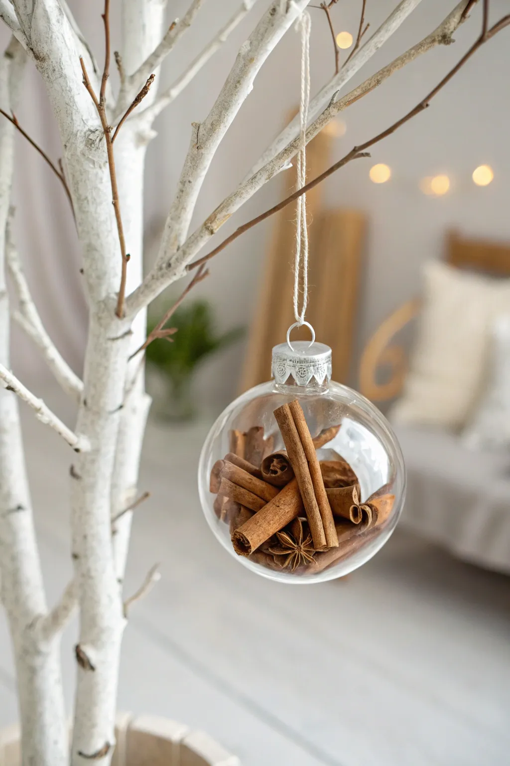 Capture the essence of the season with a beautifully crafted cinnamon-filled bauble, blending festive fragrance with minimalist elegance.