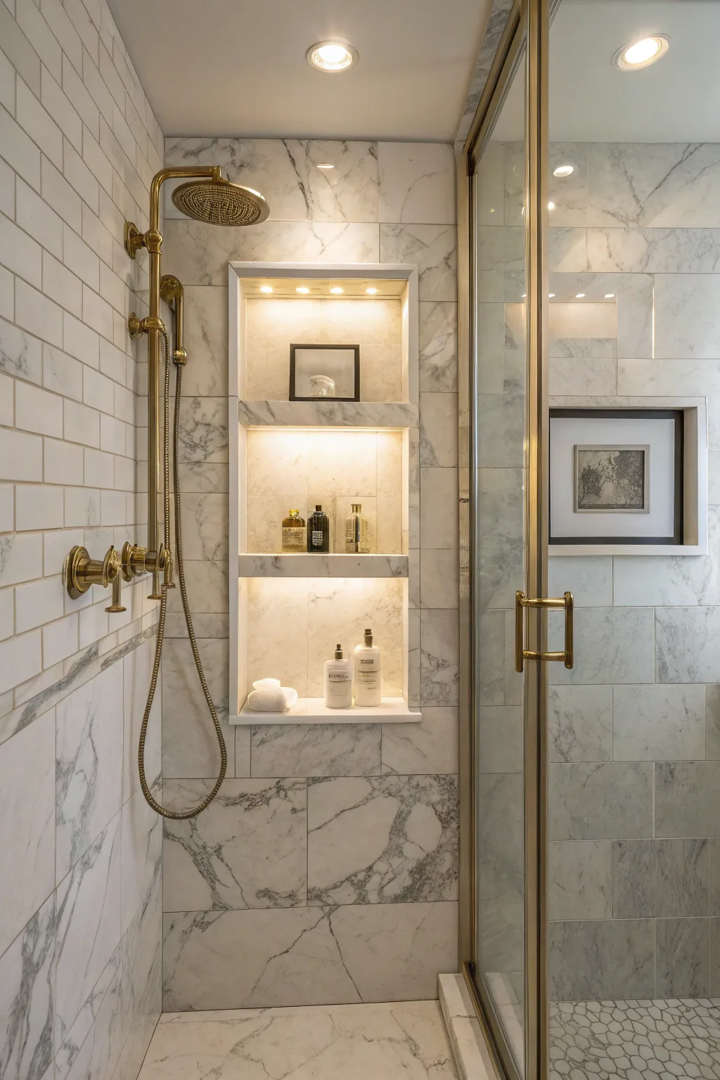 A marble niche brings a touch of luxury to bathrooms.